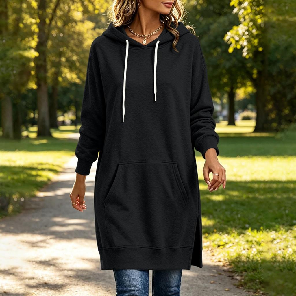 Abito Felpa Lungo da Donna Casual Pullover con Cappuccio e Tasca a Marsupio Spacco Laterale Vestibilità Comoda Ampia