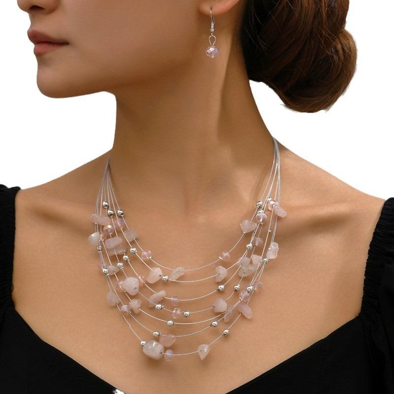 European and American Exaggerated Bohemian Gravel Mixed and Matched Multi-layer Temperament Necklace, Earrings (set)