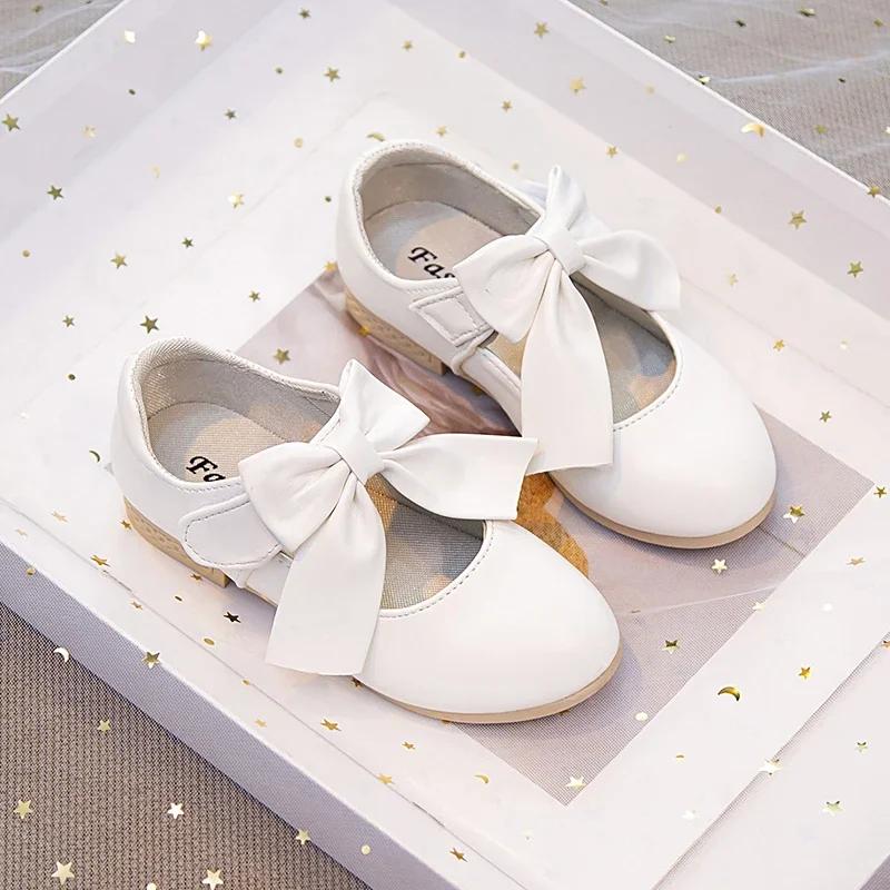 Girls Shoes with Big Bow Knot Princess Sweet Classic Fashion Children Party Shoes White Wedding Soft Anti Slippery