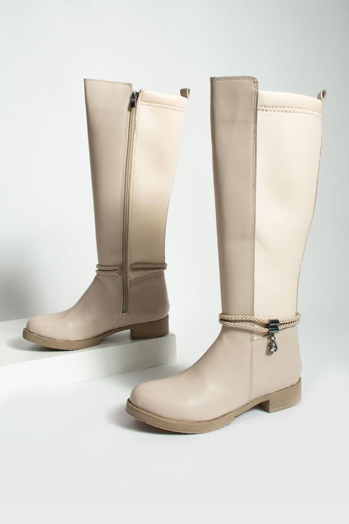 Women Modern Stylish Fashion Boots Faux Leather Cream Beige Chic Style Casual Comfortable Fit Stretch Upper Suitable for All Legs Boots