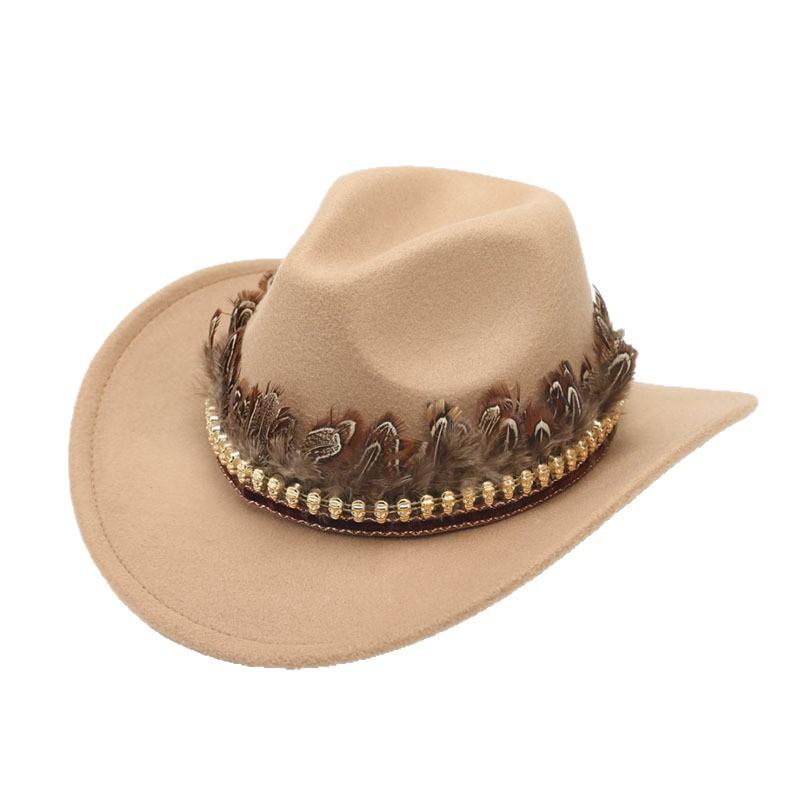 Western cowboy hat autumn and winter outdoor travel knight hat Tibetan ethnic style feather jazz hat top hat