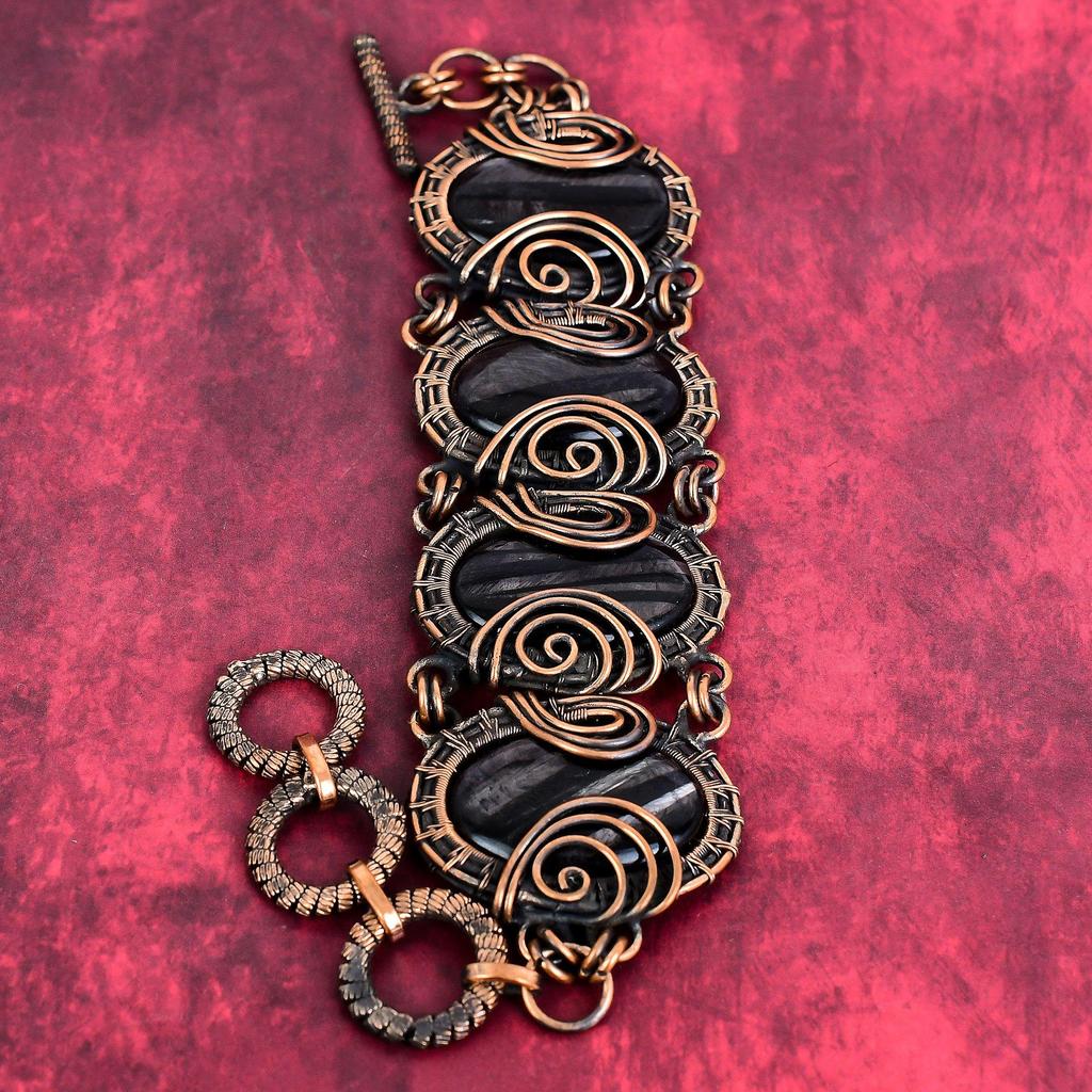 Pulseira de Hiperstena pulseira de pedra preciosa enrolada em fio de cobre joias de cobre únicas pulseira com corrente ajustável joias de cobre feitas à mão com enrolamento de fio