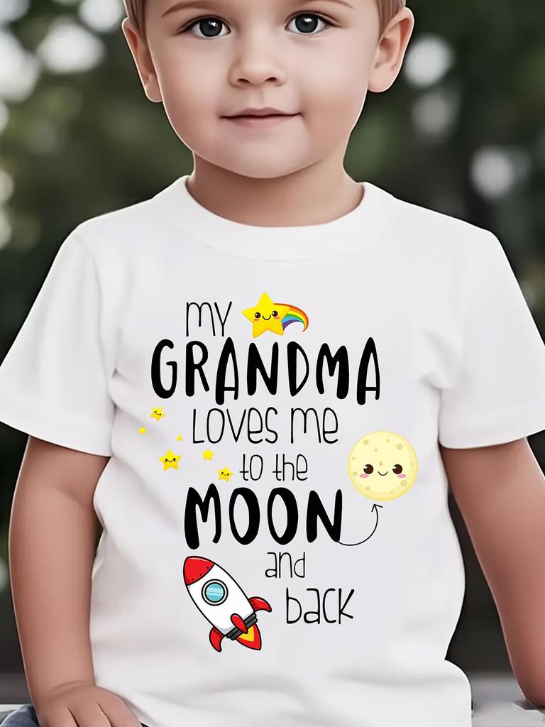 European Sizes Summer Fashion Short Sleeve T-Shirt for Boys with The Phrase MY GRANDMA LOVES ME TO THE MOON AND BACK Print