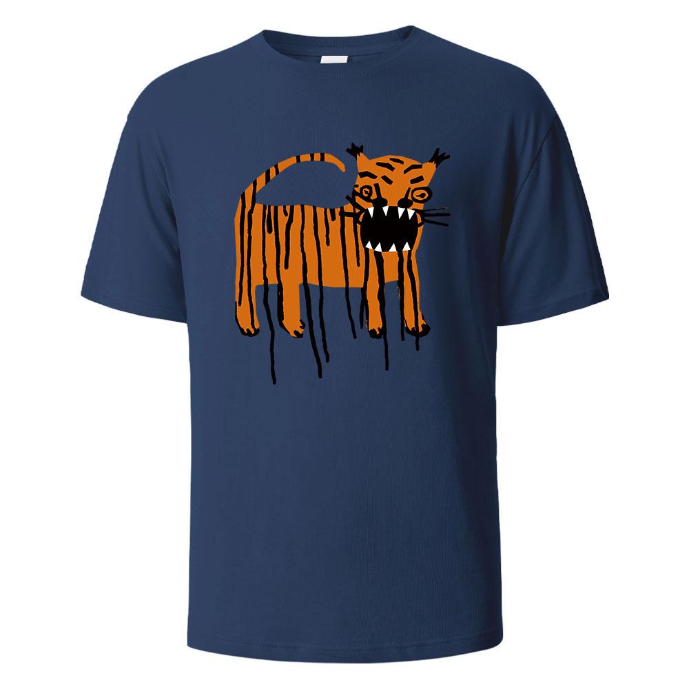2025 New Summer Men's Horror Tiger Print Crew Neck T-shirt Pure Cotton Breathable Top Daily Casual Loose Large Size Short Sleeve