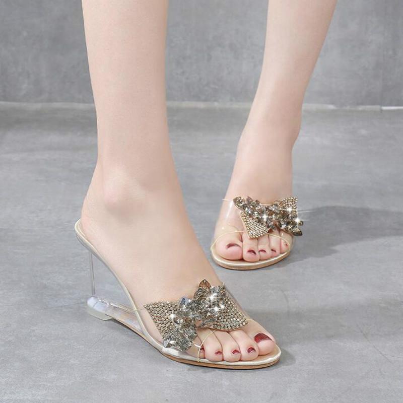 Newest High Heel Women'S Wild Summer Women'S Shoes Word Buckle Simple Wedge Sandals Transparent Bow-Knot Slippersdf4