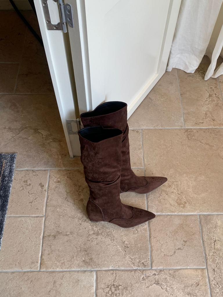 Pointed inner height increase thin boots autumn and winter suede splicing folds but knee boots women