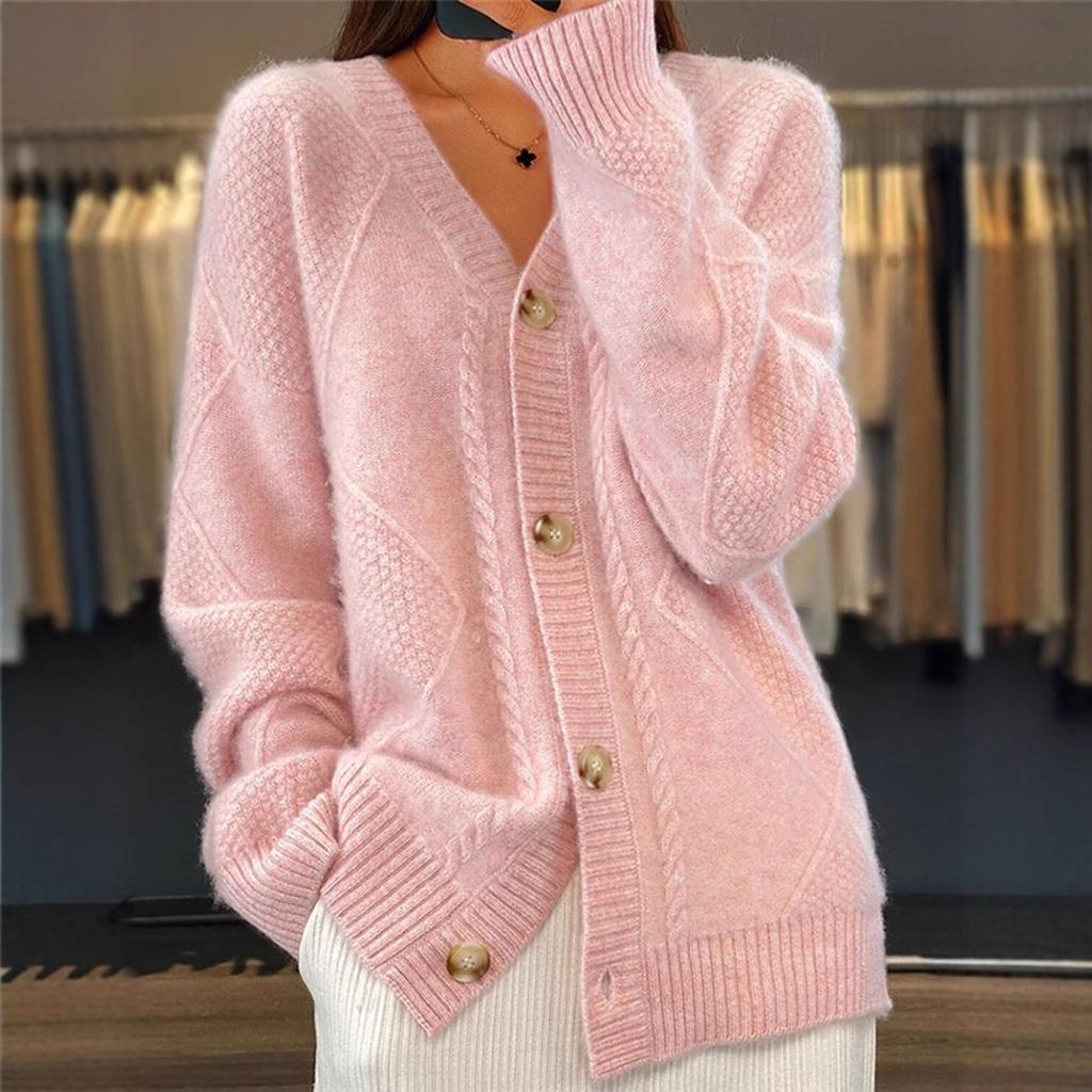 New Solid-color Long-sleeved V-neck Knitted Cardigan with Breasted Jacquard Sweater for Women In Autumn and Winter
