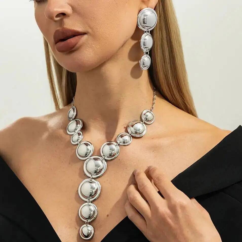 SHIXIN Luxury Glossy Round Pendant Necklace Drop Earrings Jewelry Set for Women Elegant Sexy Y-Shaped Long Chain Necklace Gifts