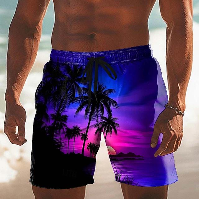 Summer Men's Sunset Tropical Beach Shorts, Palm Tree Print Quick Dry Swim Trunks, Drawstring Waist Board Shorts For Swimming