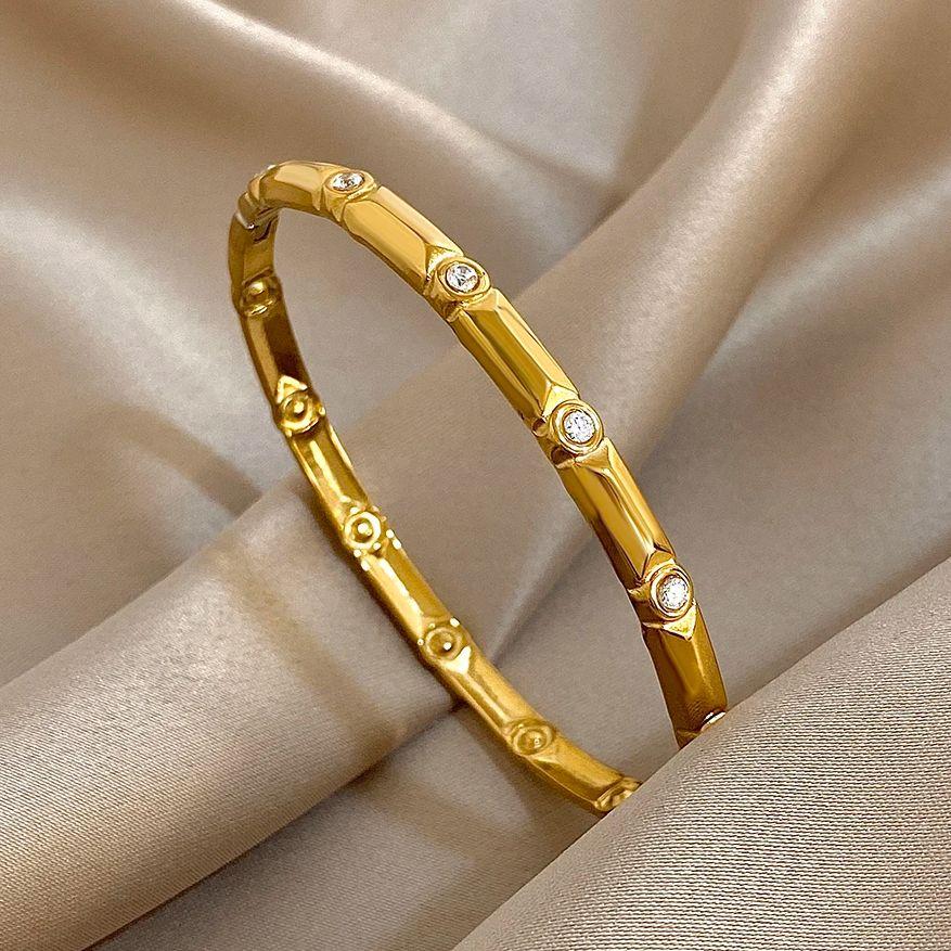 Unique Rhinestone Bamboo Stainless Steel Bracelet for Women Fashion Gold Color Stacked Cuff Bangle Bracelets Waterproof Jewelry