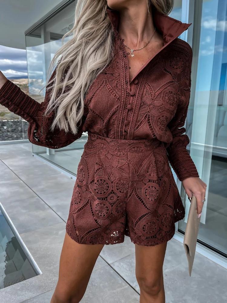 Estate 2 Pezzi Set Completi Tuta Donna Per Donne Vintage Monopetto Pizzo Bianco Set Pantaloncini Donna Manica Lunga Casual Festa Tuta
