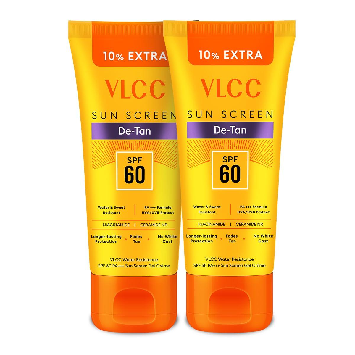 

VLCC De-Tan Water Resistant SPF 60 Sunscreen Gel Crème 100g+10g Pack of 2 With Niacinamide, Ceramides, Vitamin E