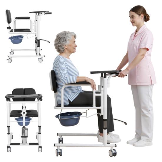 Patientenlifter Transferstuhl, 5-in-1 Patientenlifter Rollstuhl mit 180 Grad geteiltem Sitz, Höhenverstellbarer Lifter Transferstuhl für Zuhause Senioren Ältere