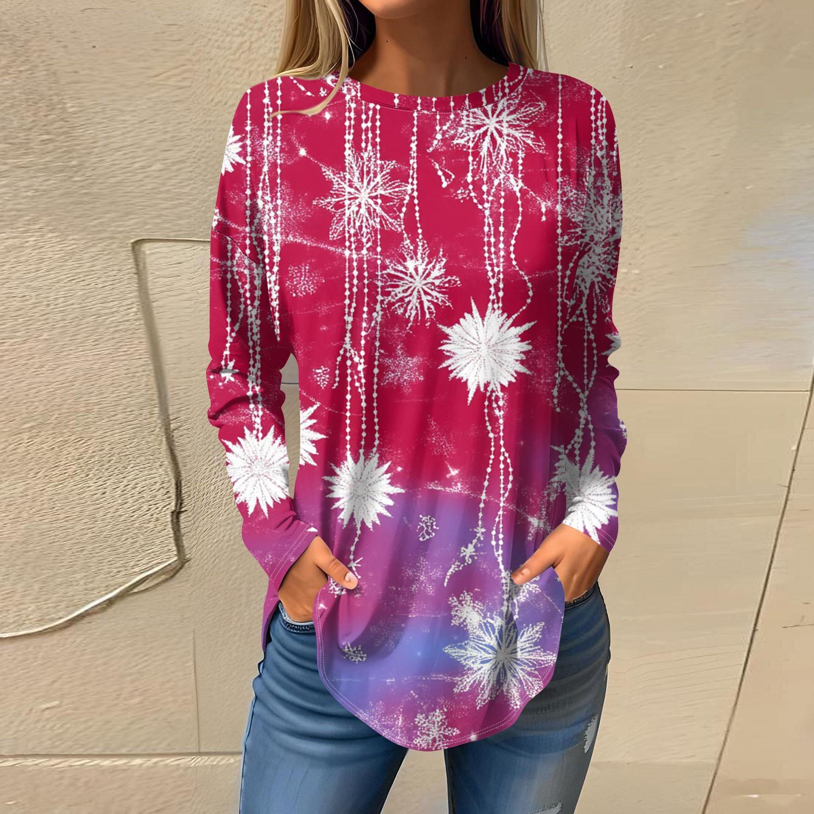 

Женская модная свободная футболка с круглым вырезом и рождественским принтом, длинный рукав XXL