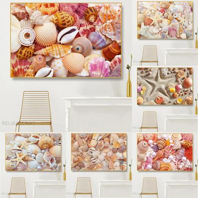 Beach Colorful Sea Collection Canvas Painting Wall Art Seashells Starfishes Conch Posters and Prints for Living Room Decor