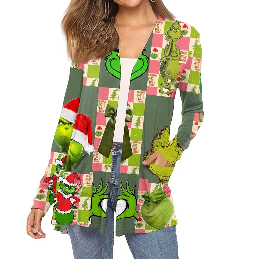 Women's Fashion Christmas Print Long-Sleeved Pocketed Slim-Fit Cardigan Coat
