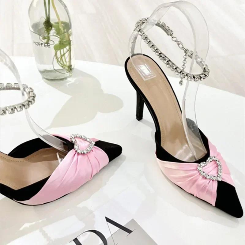Fashion Bling Rhinestone Heart Design Brand Pumps Women Sexy Pointed Toe Ankle Strap High Heeled Sandals Elegant Satin Zapatos De Mujer