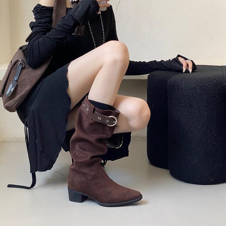 Soft-soled retro stacking boots thick-heeled short boots women's 2025 new autumn long tube slim western cowboy Martin boots tide