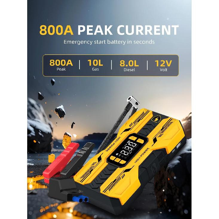 4-in-1 Car Jump Starter Power Bank with Air Compressor, 12V Portable Battery Booster for Auto Motorcycle LED Light & USB