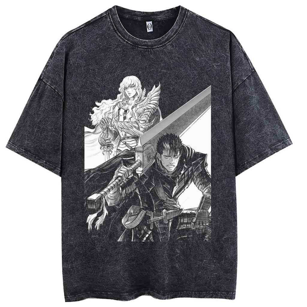 Camiseta Lavada Estampada de Anime Berserk Guts para Hombre Algodón de Alta Calidad Camisetas Vintage Oversize Street Tee Harajuku Camiseta Masculina