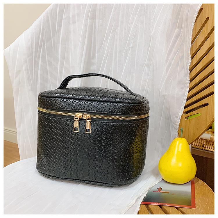 New Portable Storage Bag Pu Woven Cosmetic Bag Large Capacity Double Zipper Head Portable Travel Box Bag