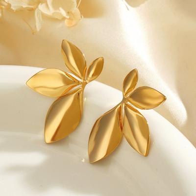 Fashion Stainless Steel Leaves Flower Stud Earrings Bright Anti Allergy Waterproof Charm Texture High Quality