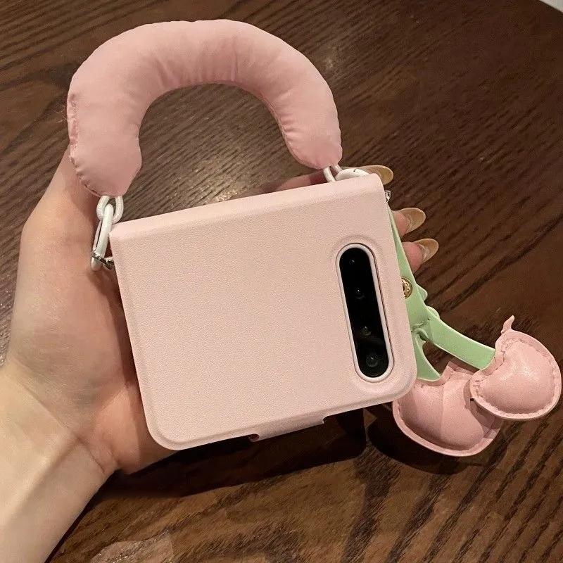 Book Style Pink Case for Samsung Z Flip6 zflip5 OPPO Find N3 N2Flip/Xiaomi Mix Flip2 Casing Cover Cute Cherry Pendant