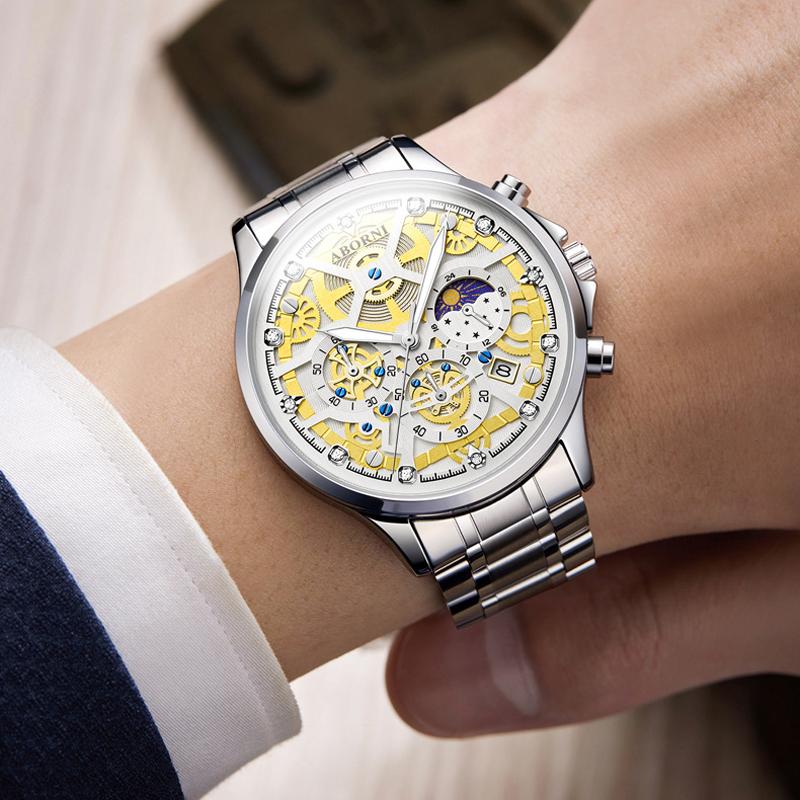 ABORNI Brand Fashion Moon Phase Quartz Watch for Men Luxury Chronograph Watches Mens Stainless Steel Waterproof Luminous Watches