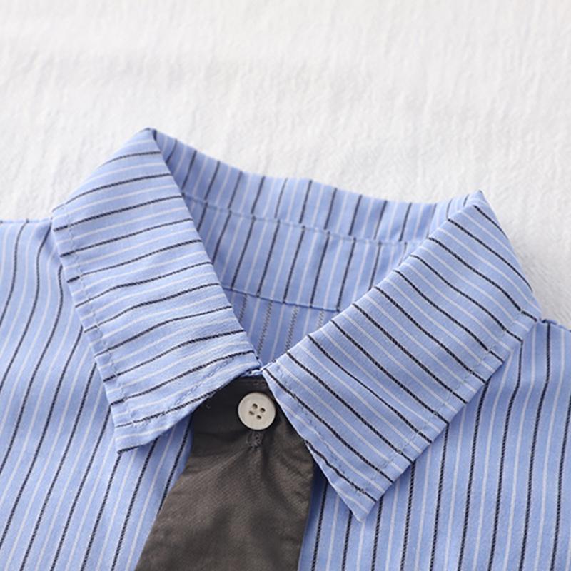 Boys' 2-Piece Cotton Set - Blue Short Sleeve Striped Shirt + Casual Shorts - High-Quality Casual Outfit -S-XXL