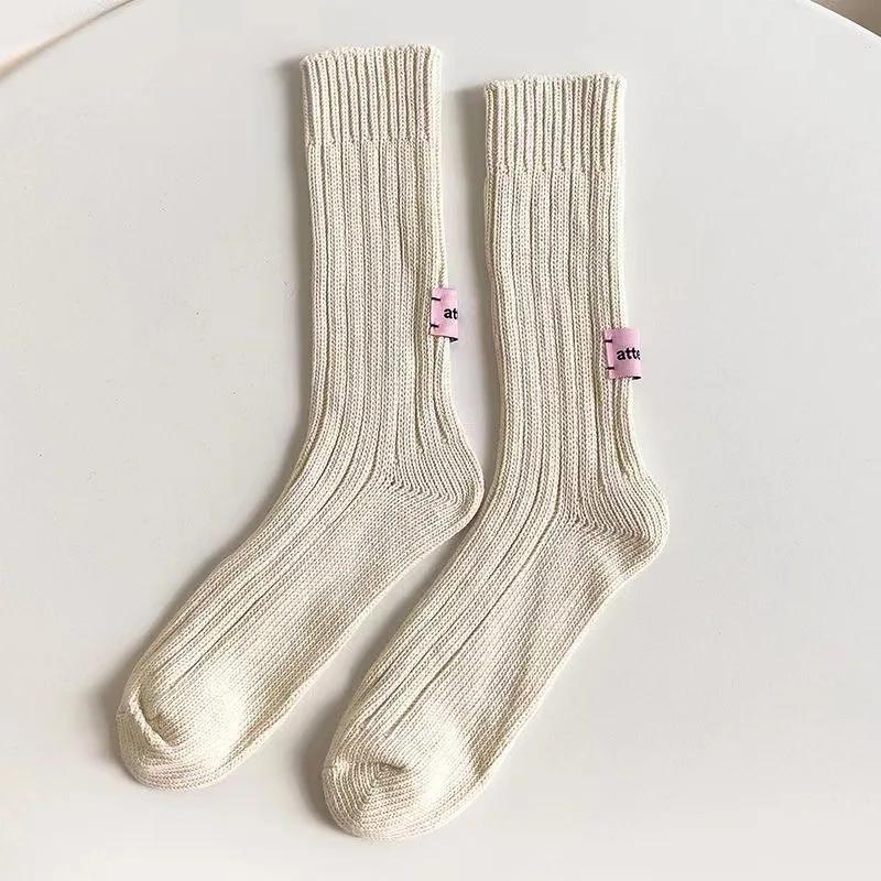 

Autumn Winter Trendy Unisex Couple Sports Retro Stacked Socks Pure Cotton Chunky Knit Mid Crew Solid Color Pink Tag One Size бежевый