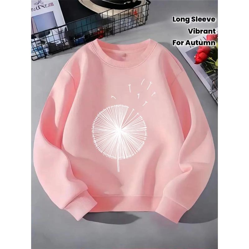Kids Unisex Crewneck Sweatshirt, Minimalist Black Line Art Blowing Dandelion Print Soft Fleece Pullover For Kids Over 4 Years Old
