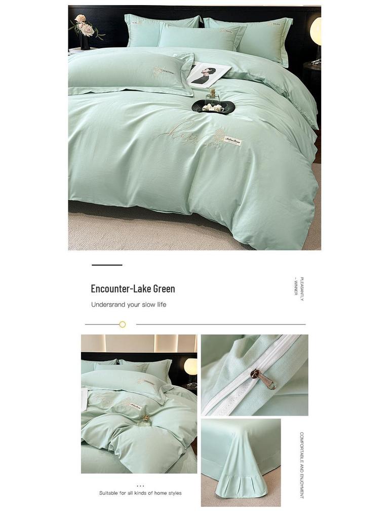 Luxury Pure Cotton Flannel Four-Piece Bedding Set: Solid Color Embroidered Bed Sheet & Duvet Cover Gift.