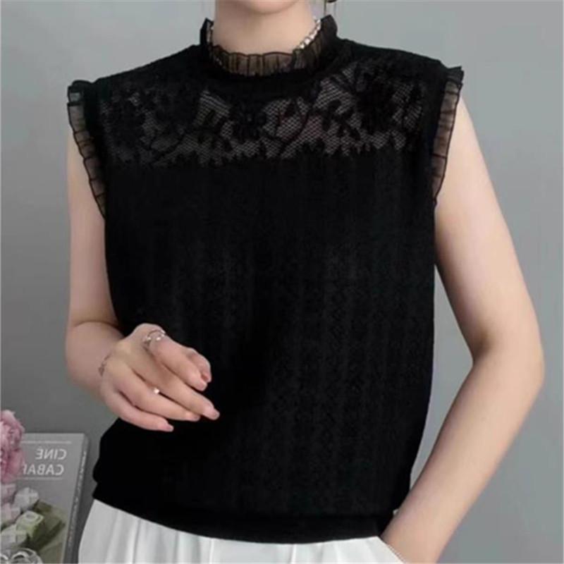

Fashionable and elegant apricot lace ladies sleeveless vest, spring and autumn round neck thin loose sleeveless ladies short top one size fits all