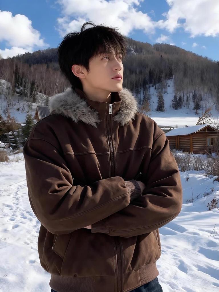 Men's Distressed Coffee Workwear Jacket - Retro Cotton with Lychee Grain Leather, Long Fur Collar & Hooded Heavyweight Winter Coat.