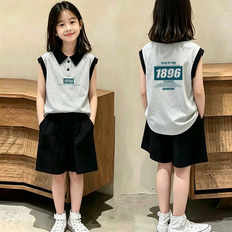 Girls' Fashionable Color Block Sleeveless Polo Vest and Shirt Set - Summer Casual Style for Medium and Large Children