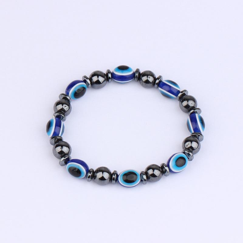 Black Stone Elastic Bracelet with Blue Eye Oval Beads for Men & Women
