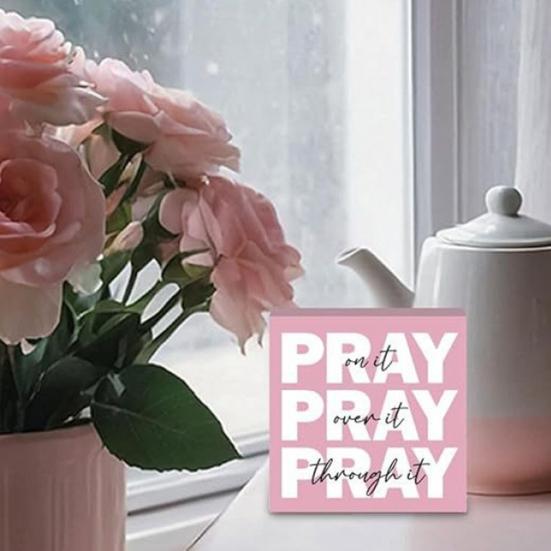 Pink Pray Sign Pray on It Pray Over It Pray Through It Women Girls Home Office Bible Room Bedroom Desktop Decoration Christian Gifts