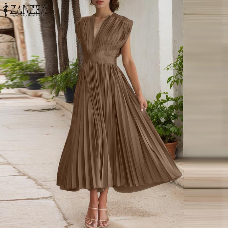 ZANZEA Women Summer Casual V-Neck Short Sleeve Loose Pleated Dress