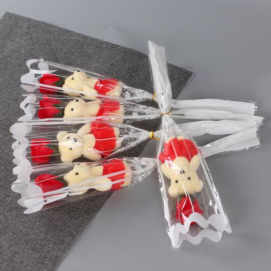 Valentine's Rose Flower Bouquet with Bear Single Soap Flower with Plush Bear Artificial Rose Bouquet Gifts for Weddings Anniversaries