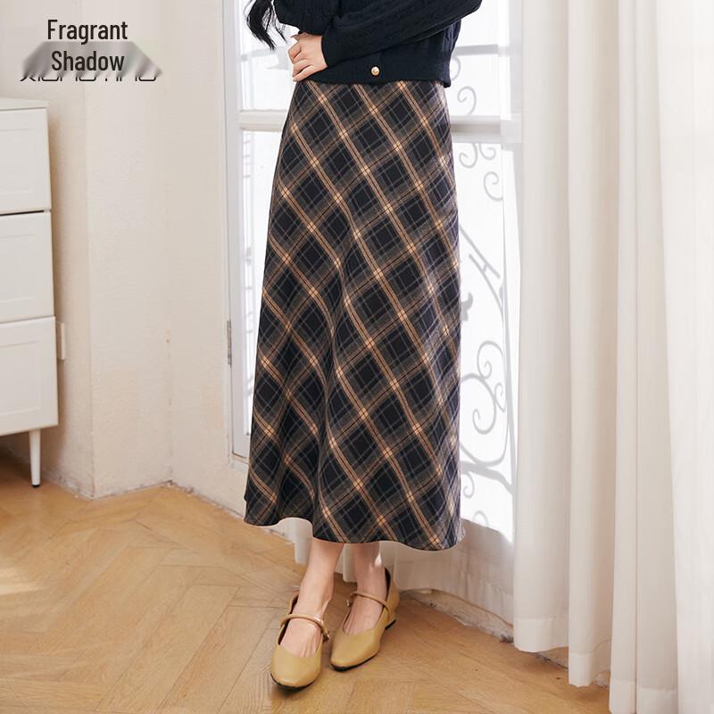 Xiangying Women s British Style Plaid A-line Midi Skirt L