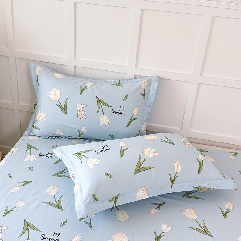 White Tulip Flower Flat Sheet Cotton Cartoon Bunny Blue Bed Sheet Set for Boys Girls Lovely Floral Rabbit Botanical Bed Cover