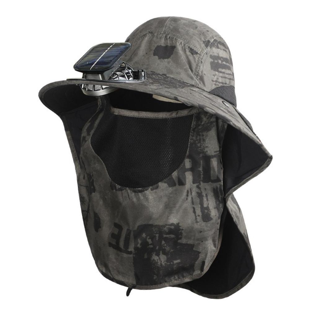 Polyester Solar Powered Fan Hat Neck Cover Breathable Mesh Fisherman Hat Wide Brim Sun Protection Visor Fan Sunscreen Cap
