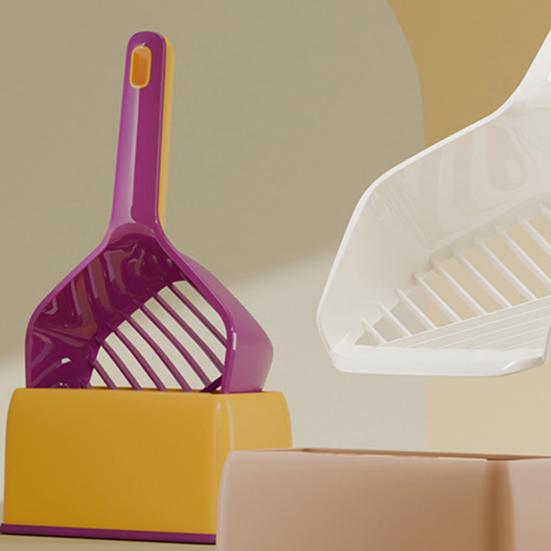 Cat Litter Scoop with Storage Base Long Handle Non-stick Slotted Litter Scooper Portable Poop Sifting