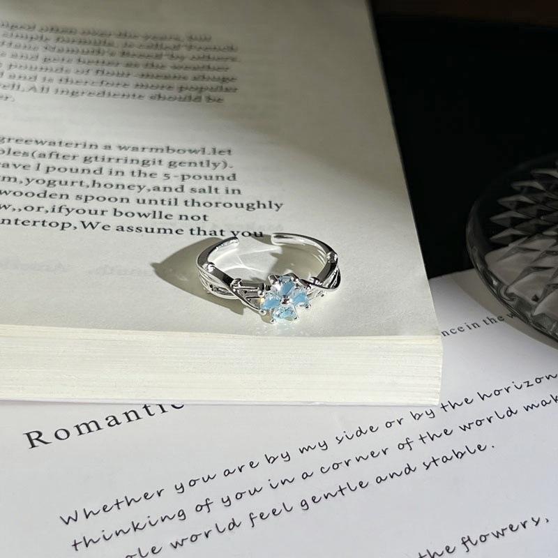 Summer New Glacier‑Blue Gradient Butterfly Flower Light‑Luxury Temperament Open Ring Niche Unique Design Adjustable Index Finger Trend Jewelry