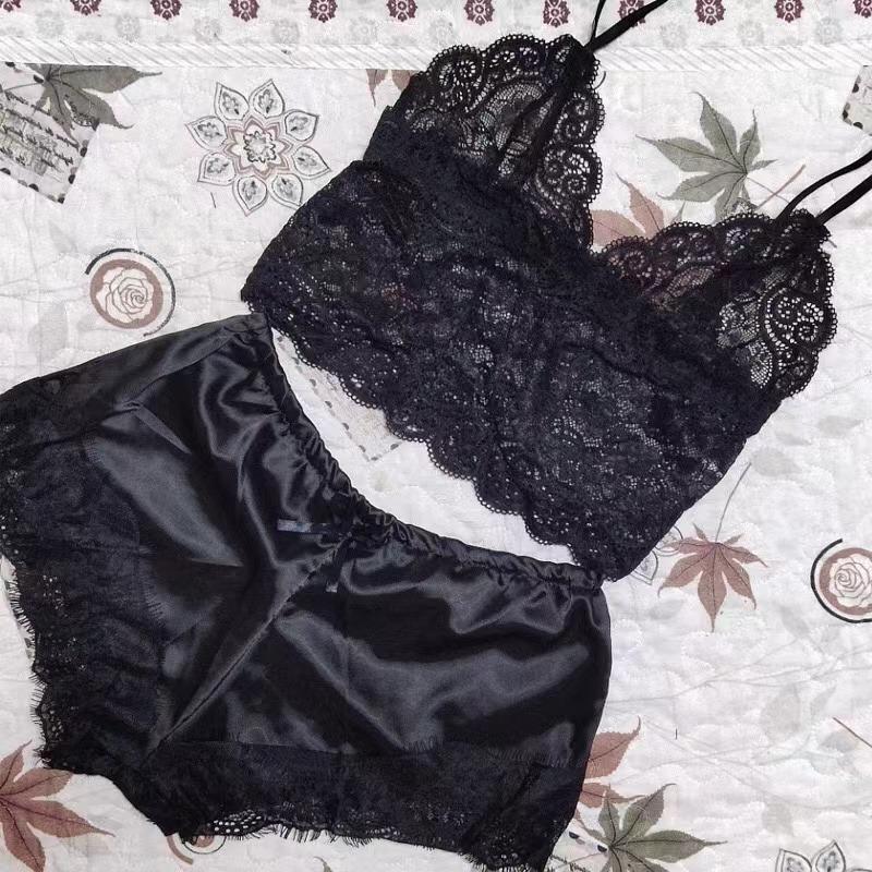Pijamale Sexy pentru Femei Set 2 Piese Top Pantaloni Scurți Haine de Dormit Pijamale Dantelă Lenjerie
