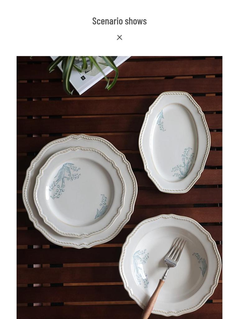 French Retro Lily of the Valley Tableware Set: Ceramic Dinner Plates, Rice Bowls, Steamed Fish Plates, and Household Dish Set.