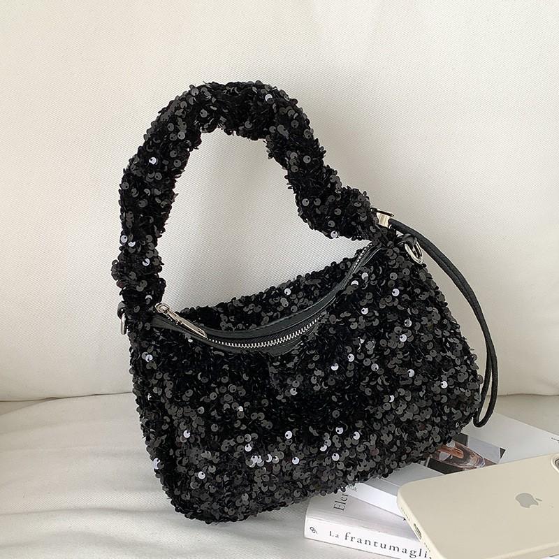 

Fashion Women s Bag Korean Pleated Cross-body Niche Style High-end Light Luxury Soft Hand Carried Sequined чорний