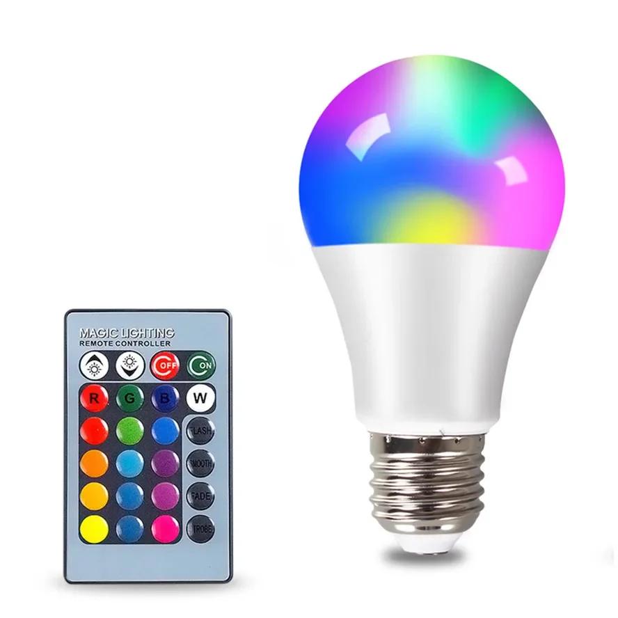 Светодиодная лампа RGB E27 4W 10W 15W AC85-265V с ИК-пультом ДУ, Умная светодиодная лампа RGBW для декора домашней атмосферы 4w&E27