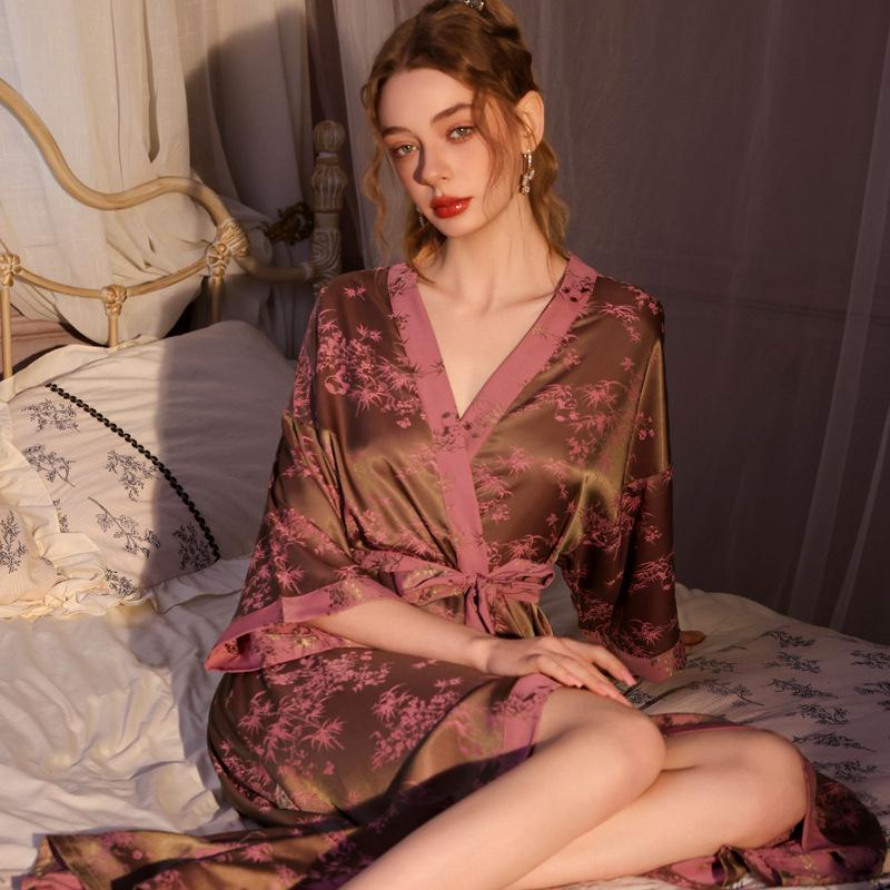 Vestaglia Jacquard da Donna Lusso Leggero: Accappatoio Lungo Primavera/Autunno, Raso di Seta Ghiacciata, Sensazione di Lusso, Accappatoio Singolo, Gonna da Bagno Pronta per l'Estate.