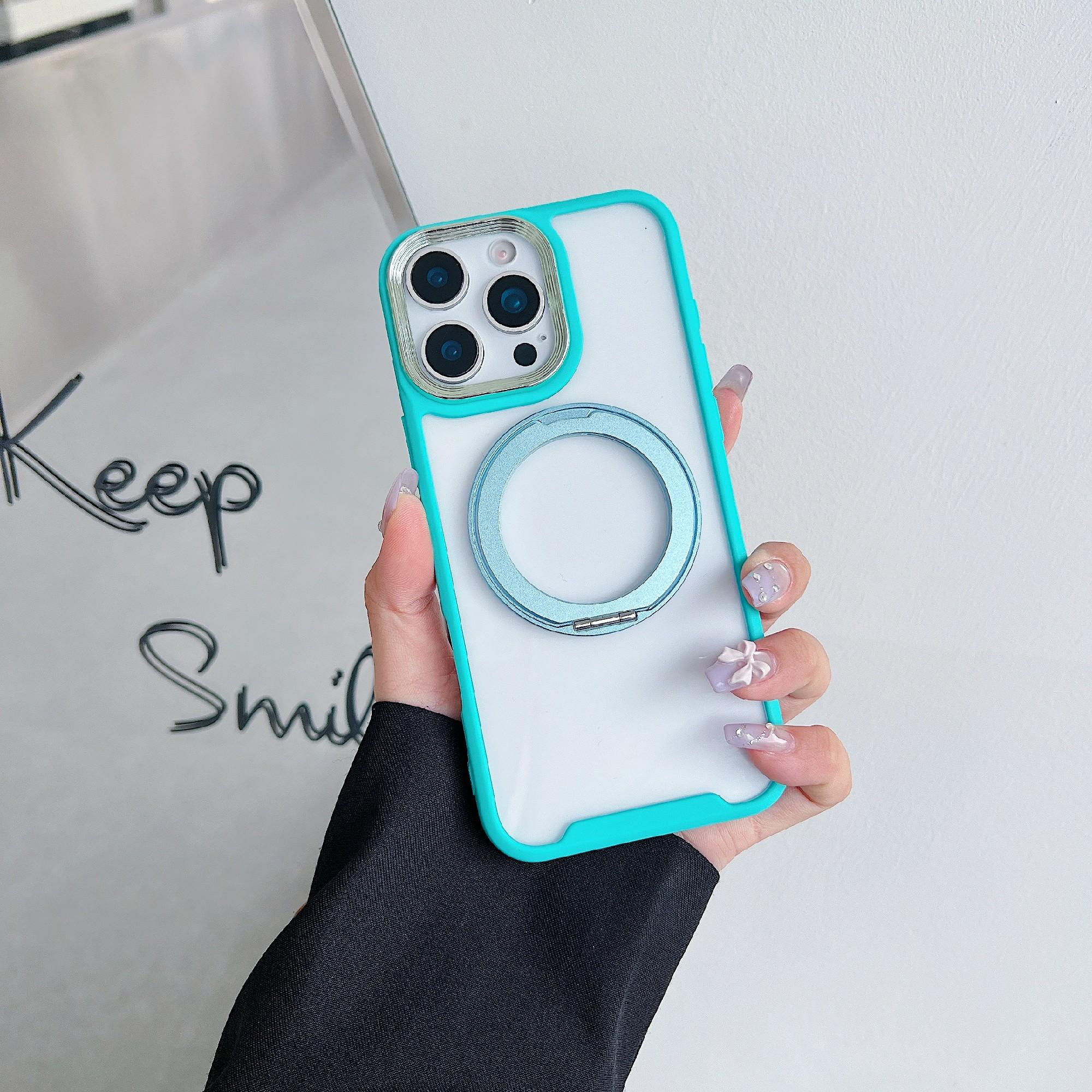 

For iPhone 16 Pro Magnetic Case Kickstand Electroplating Lens Frame TPU Acrylic Phone Back Cover Green